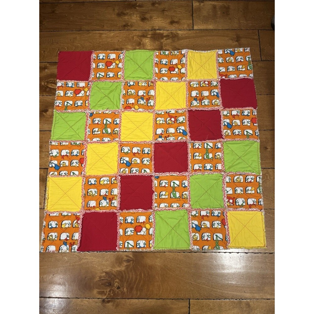 Vintage Handmade Rag  Quilt Dr. Seuss  34" X 34” Play Mat Soft Bright